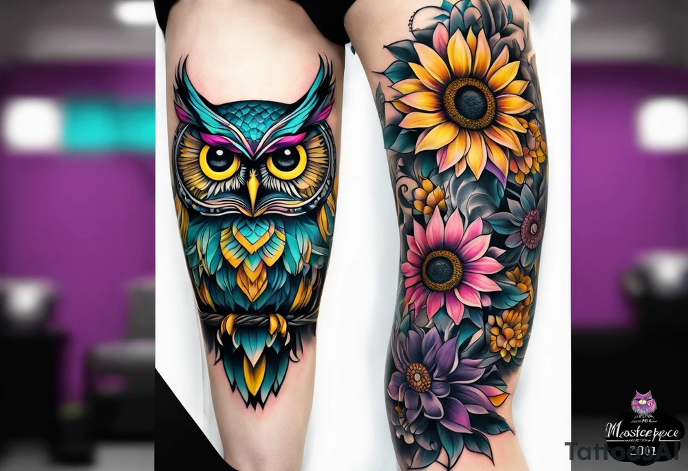 Leg Sleeve with teal, pink and purple owl and yellow sunflowers tattoo idea