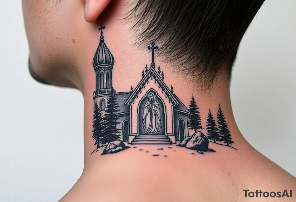Traditional russian orthodox church in a wilderness setting with a prominent orthodox style virgin mary tattoo idea