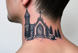 Traditional russian orthodox church in a wilderness setting with a prominent orthodox style virgin mary tattoo idea