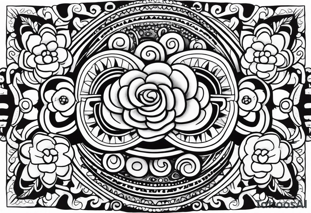 Create a masculine mayan tattoo design carved in stone featuring three flower buds of Gypsophila spp. tattoo idea