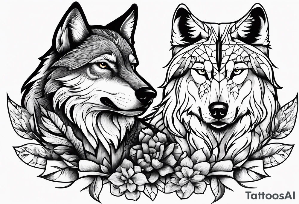 Hawk and a Wolf, Nature Scenery, and names Grayson, Bennett, Layden, Xavian, Amelia, Braxton tattoo idea