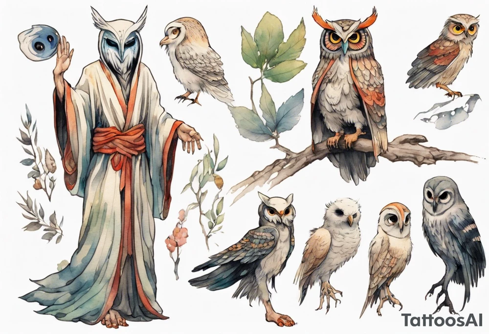 a tall thin creature in an ancient robe wearing an owl mask walking in a forest with the feet of a bird and wings instead of arms tattoo idea