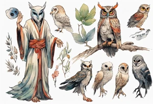 a tall thin creature in an ancient robe wearing an owl mask walking in a forest with the feet of a bird and wings instead of arms tattoo idea
