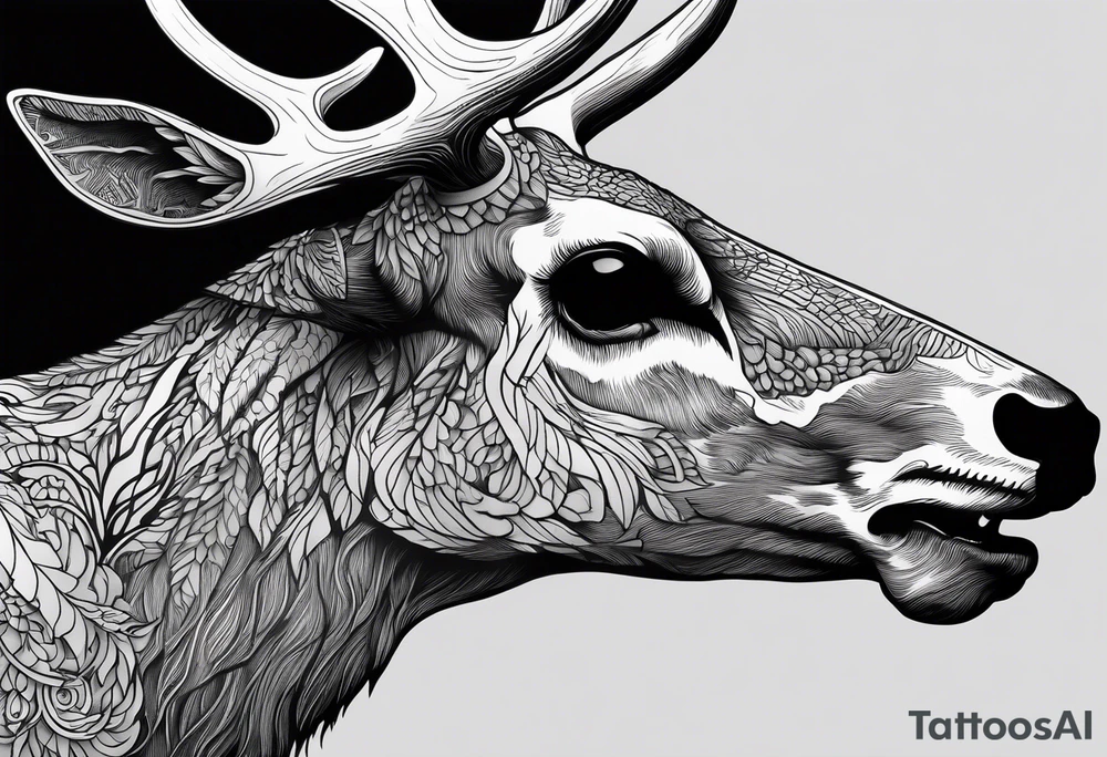 A SCARY side view of a decayed deer skull NO SKIN JUST BONE surrounded by a forest fire in background tattoo idea