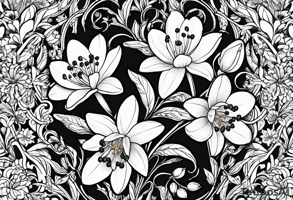 One snowdrop, One hawthorn flower, Two honeysuckle blooms, tattoo idea