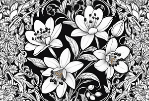 One snowdrop, One hawthorn flower, Two honeysuckle blooms, tattoo idea