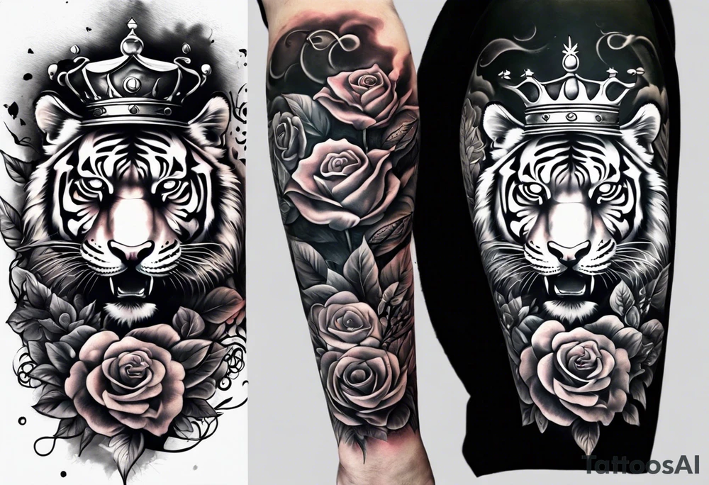 Full right arm sleeve  tiger with a crown and third eye with a hour glass instead the hourglass brain cover in in clouds and a heart cover in grass and roots with roses and smoke all over the arm tattoo idea