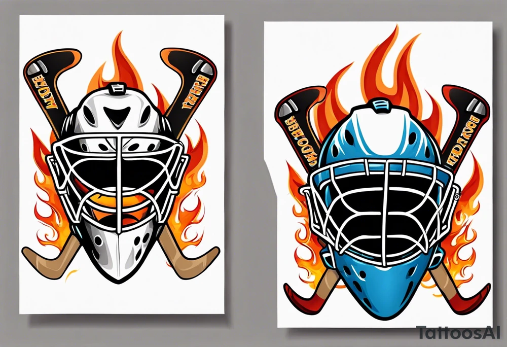 a goalie mask and crossed hockey sticks with flames that says "SHOT HOCKEY" tattoo idea