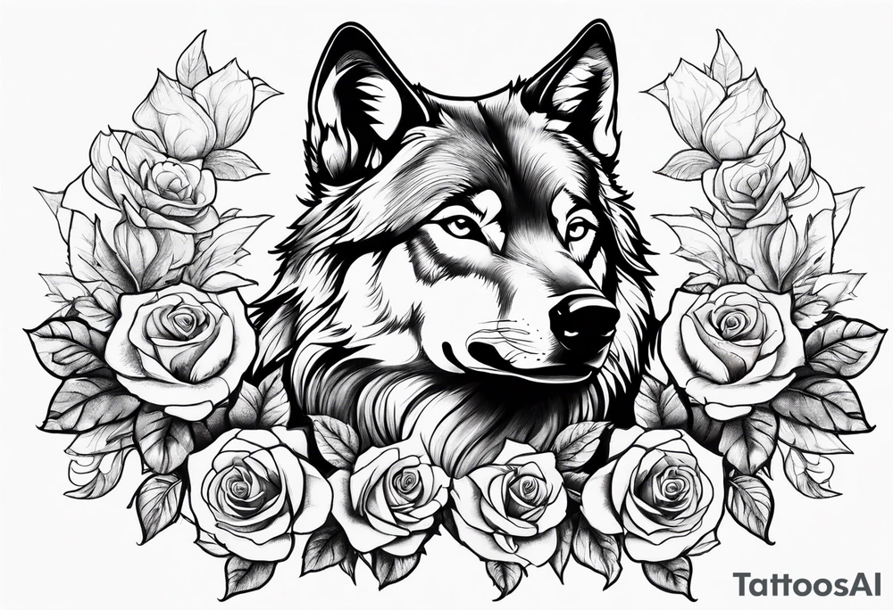 wolf with roses tattoo idea