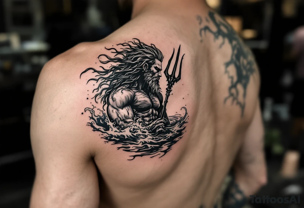 fit poseidon, with trident, in water, looking at the horizon tattoo idea