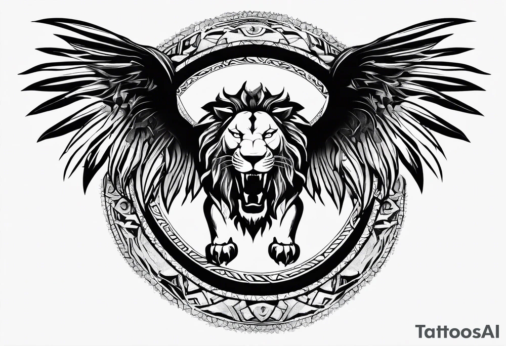 Ouroboros with in center a lion with burned wings tattoo idea