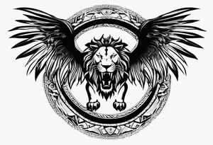 Ouroboros with in center a lion with burned wings tattoo idea