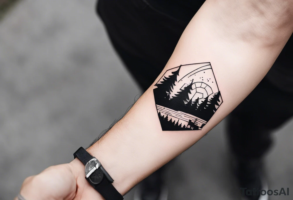 Create a tattoo design for the inside of a man's forearm, extending to part of his shoulder. The design should feature three distinct scenes, each enclosed within a hexagon. These hexagons should be surrounded by lines and small, simple elements inspired by the theme of a Russian village.

The first hexagon should depict a boy sitting on top of a bale of hay in a field, looking into the distance.
The second hexagon should illustrate the exterior of a village club.
The third hexagon should show a small river flowing through a field, with a dam reducing the water flow.
Please ensure the overall composition is cohesive, with the surrounding elements enhancing the village theme. tattoo idea