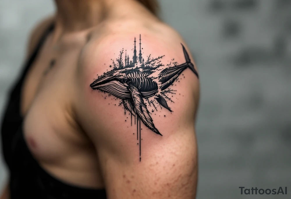 I press on toward the goal for the prize of the upward call of God in Christ Jesus. represented by a whale moving upwards. idea is basically a whale that's damaged and torn exposing the skeletal innerts, but it's still fiercely moving forward as hard as it can. tattoo idea