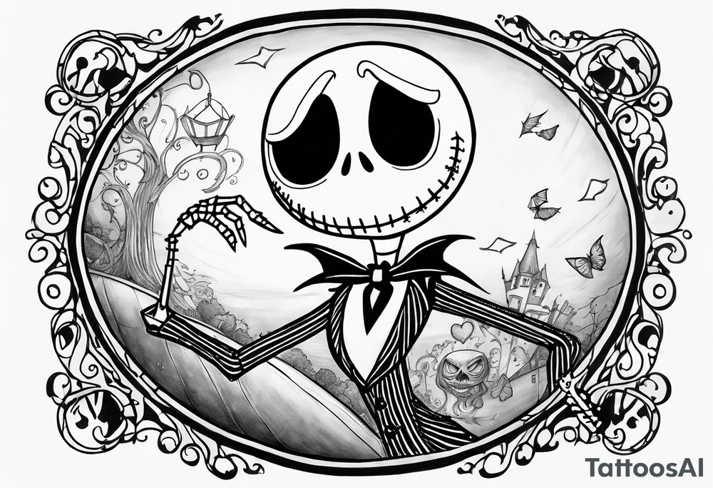 sally skellington flying in a balloon with jack skellington's face tattoo idea