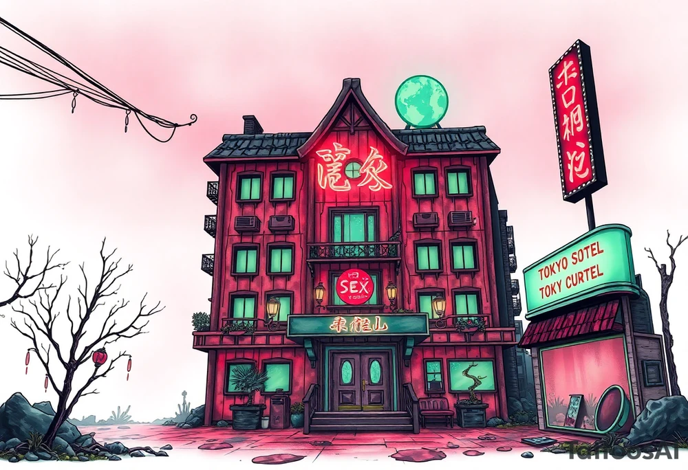 Tim Burton’s Tokyo sex hotel from outside viewis abandoned and dripping with muted reds, dusty pinks, and eerie green glow. tattoo idea tattoo idea