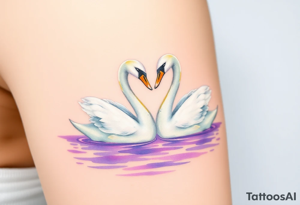 Two swans in graceful white with golden beaks, forming a heart with their necks, floating on a shimmering lavender-hued lake tattoo idea