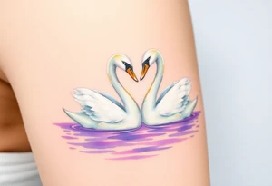 Two swans in graceful white with golden beaks, forming a heart with their necks, floating on a shimmering lavender-hued lake tattoo idea