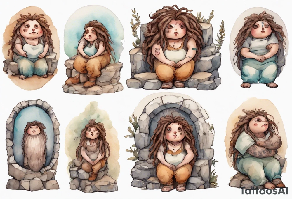 a plump mole woman with large eyes pale fur and messy brown dreadlocks sitting in a simple stone throne tattoo idea