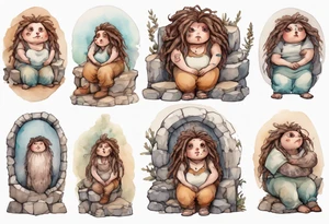 a plump mole woman with large eyes pale fur and messy brown dreadlocks sitting in a simple stone throne tattoo idea