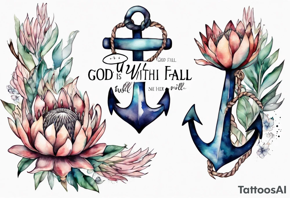Very feminine tattoo of an anchor and protea flowers and the verse: God is within her, she will not fall. tattoo idea