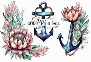Very feminine tattoo of an anchor and protea flowers and the verse: God is within her, she will not fall. tattoo idea