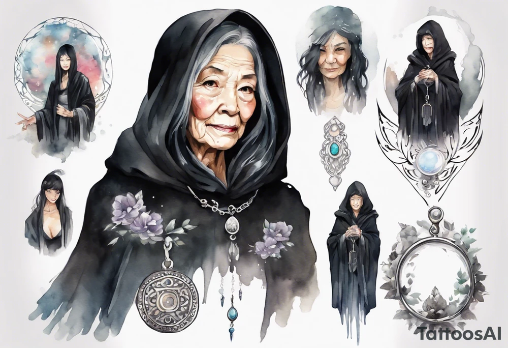 a beautiful grandmother with black hair dressed in a black cloak with a silver amulet tattoo idea