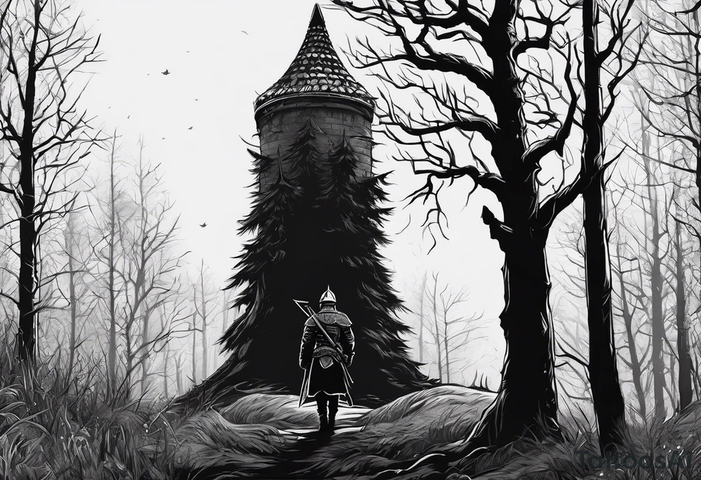 minimalist tall gothic trees, with an ancient slavic rus soldier wearing a helmet and a spike in hand in the background tattoo idea
