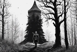 minimalist tall gothic trees, with an ancient slavic rus soldier wearing a helmet and a spike in hand in the background tattoo idea