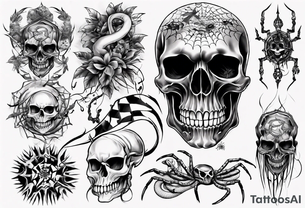 Black skull sleeve tattoo with spiders and snake tattoo idea Black skull sleeve tattoo with spiders and snake tattoo idea
