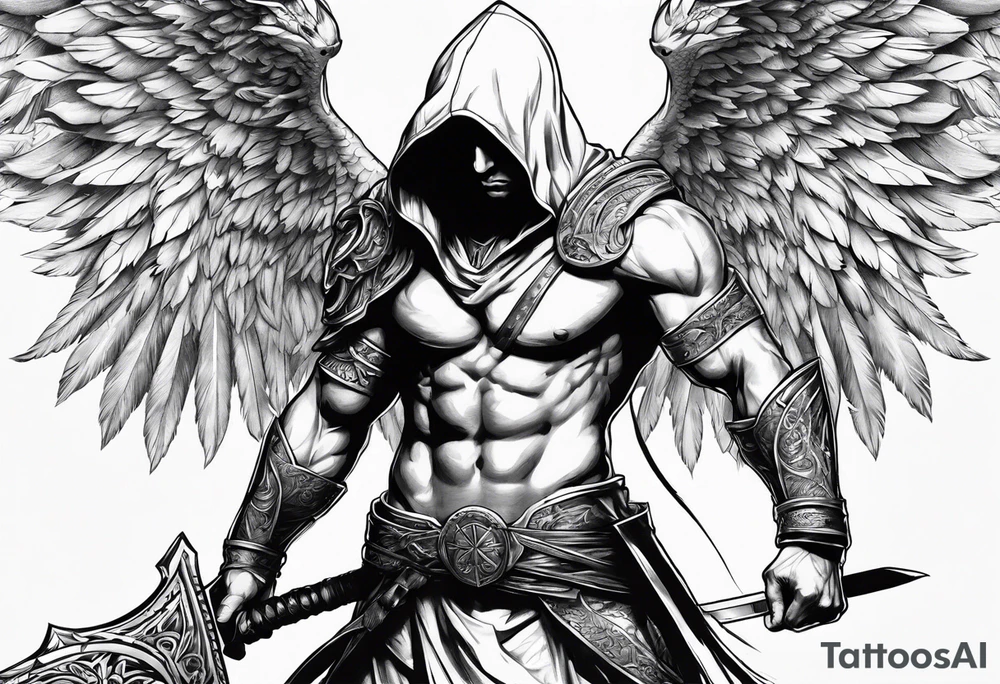Arch angel hood fighting sword male full body tattoo idea