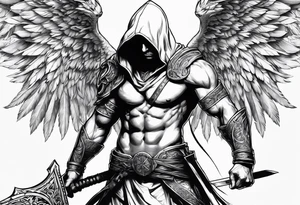 Arch angel hood fighting sword male full body tattoo idea