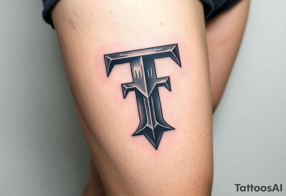 A 3D-styled "T" in steel gray with realistic depth and shading. tattoo idea