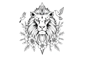 powerful majestic lion with a crown, surrounded by floral ornaments and birds tattoo idea
