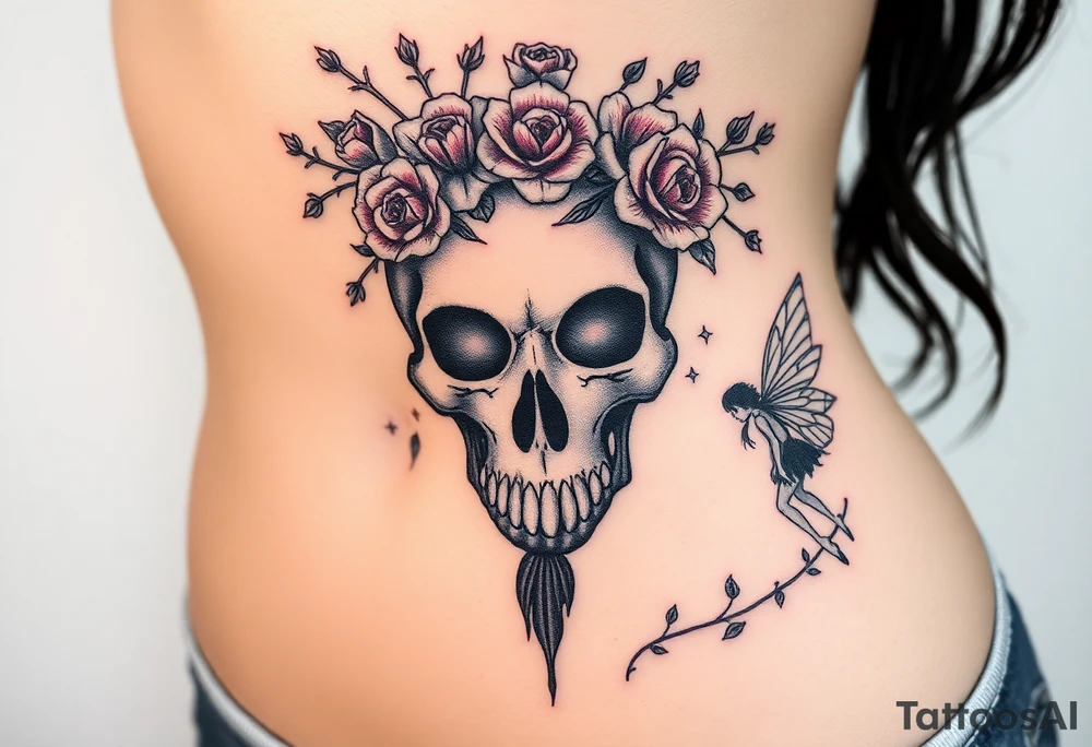ornate skull adorned with crown of wild roses and thorns with a beautiful fairy with a young fairy following behind tattoo idea