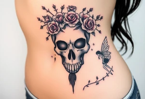 ornate skull adorned with crown of wild roses and thorns with a beautiful fairy with a young fairy following behind tattoo idea