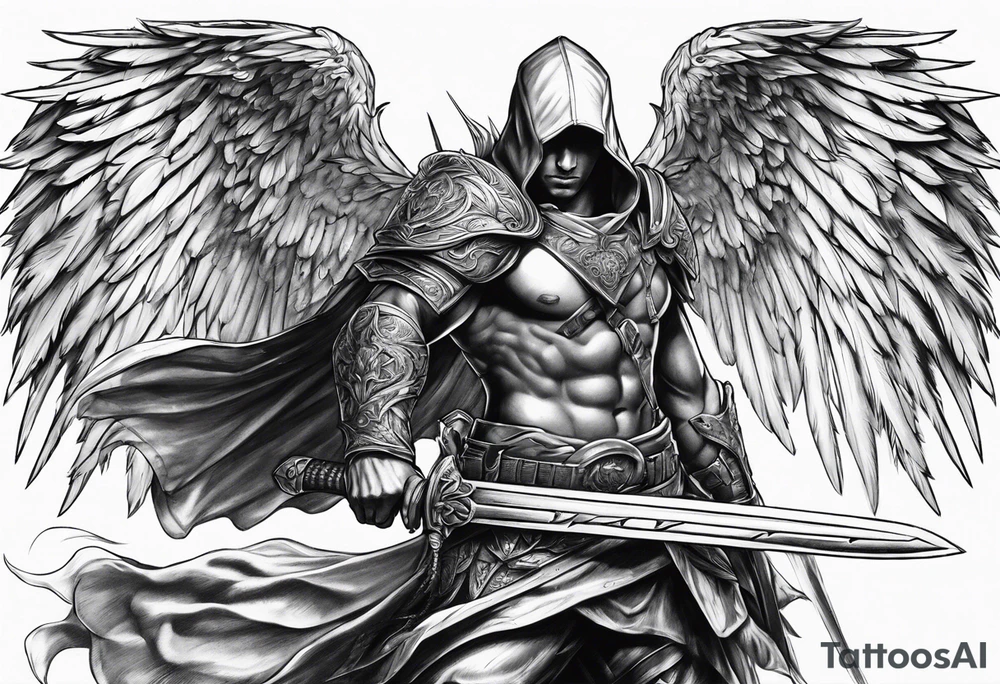 Arch angel hood fighting sword male tattoo idea