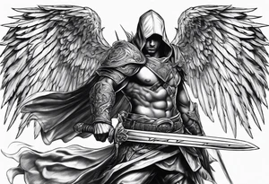 Arch angel hood fighting sword male tattoo idea