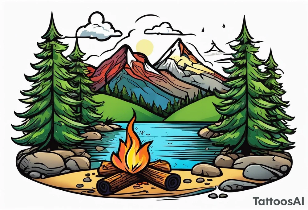 Small campfire in the center, right side: an evergreen tall tree, left side: mountain stream tattoo idea