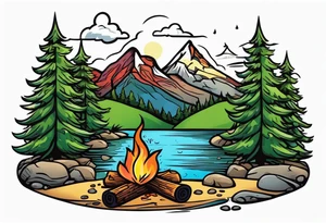 Small campfire in the center, right side: an evergreen tall tree, left side: mountain stream tattoo idea