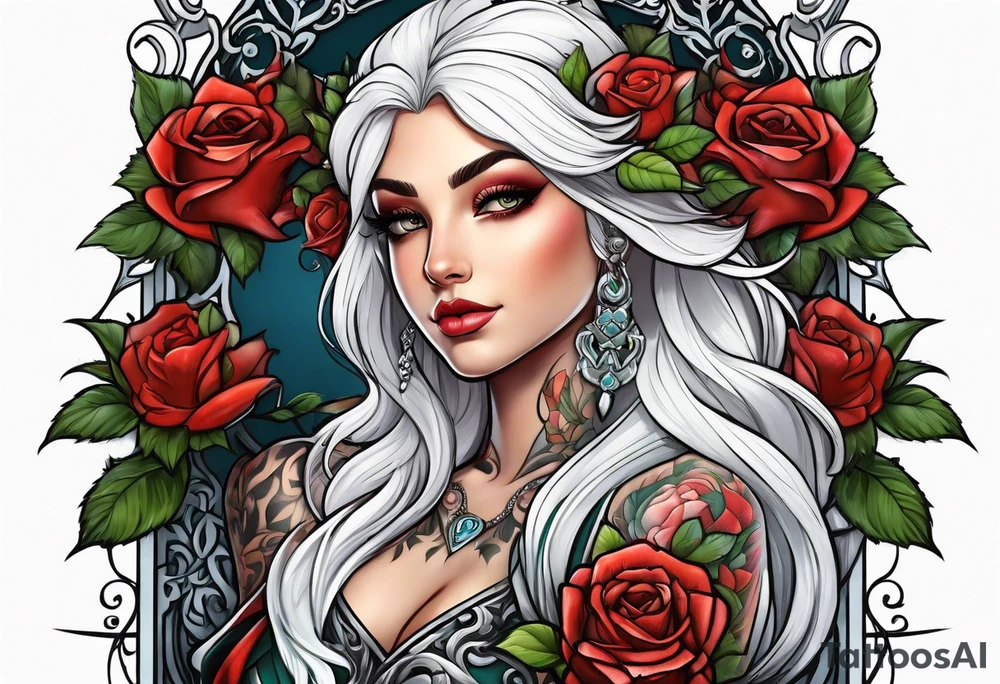 elf with white hair, roses, and tattoos tattoo idea