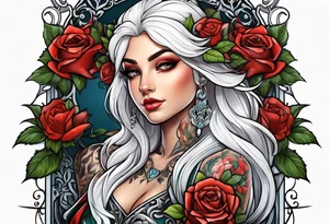 elf with white hair, roses, and tattoos tattoo idea