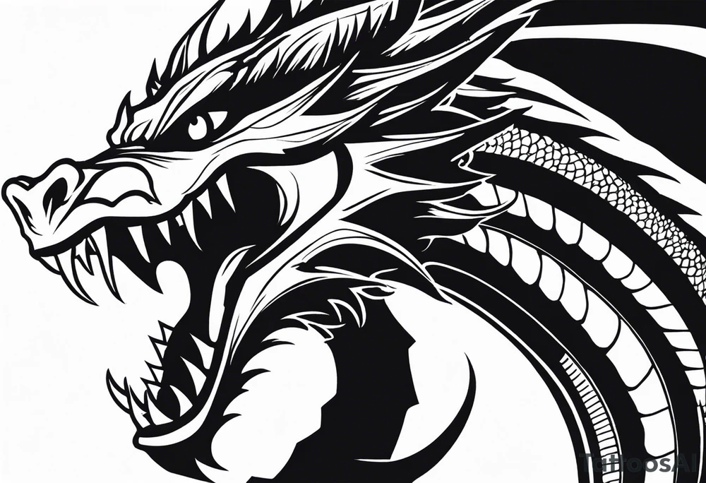 A black-and-white silhouette comic-style medium shot of a dragon with its mouth open wide, revealing sharp teeth. The dragon's head is outlined in solid black, with the sharp contours of its mouth and teeth emphasized. Its eyes are hollow and bold, creating a dramatic contrast. The dragon is depicted breathing fire, which is also in solid black, extending towards a distant city with tall buildings represented by simple, angular shapes in silhouette form. The background is blurred, consisting of soft abstract shapes and a stark white space, giving the scene depth and focus on the dragon and the fiery breath. tattoo idea