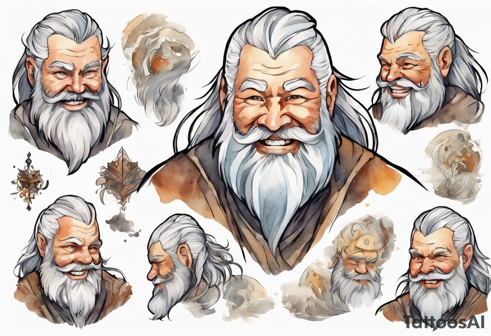a large Norse man with a grey beard, smiling tattoo idea