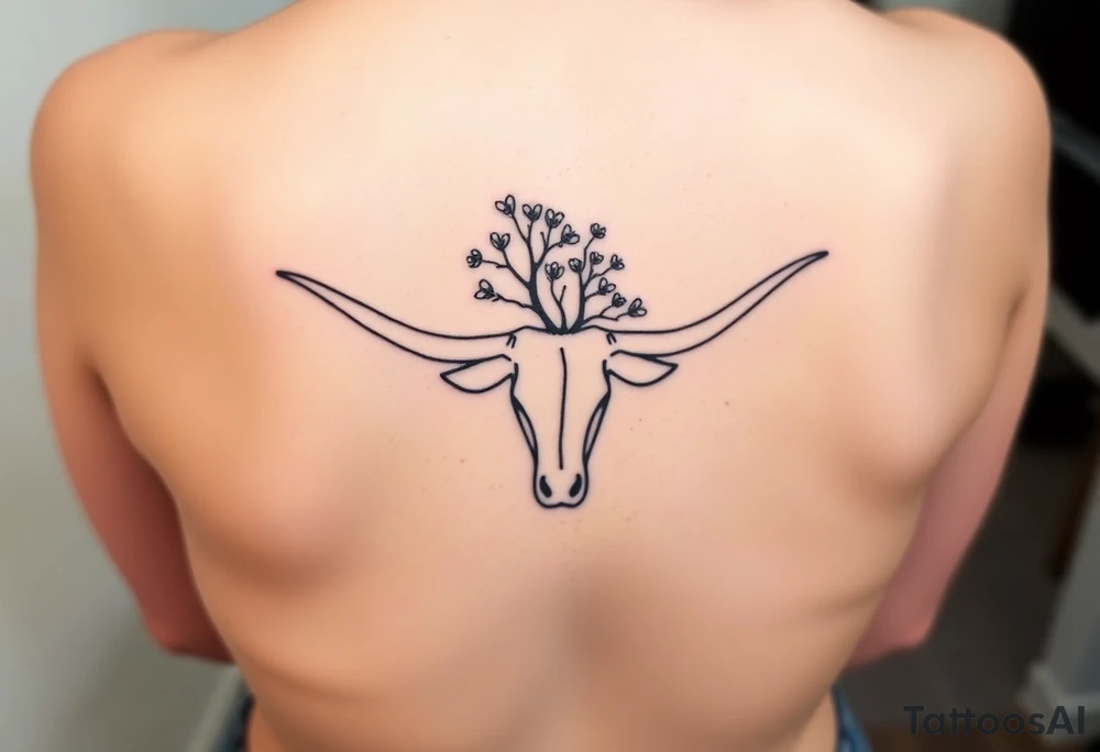 Texas Longhorn with tree growing out of it with flowers blooming tattoo idea
