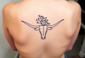 Texas Longhorn with tree growing out of it with flowers blooming tattoo idea