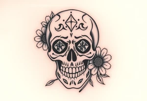 Masculine sugar skull with diamond gemstone eyes and daisy tattoo idea