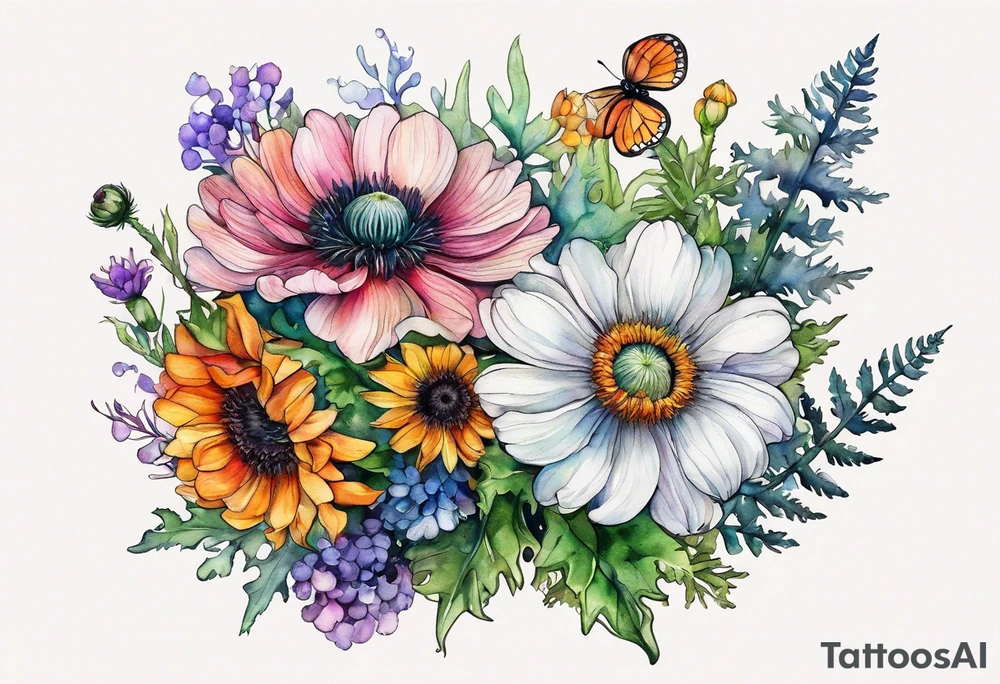 wildflowers with thistles, ferns, ranuculus, white anemones with black center, sun flowers, mixed color flowers all in watercolor tattoo idea