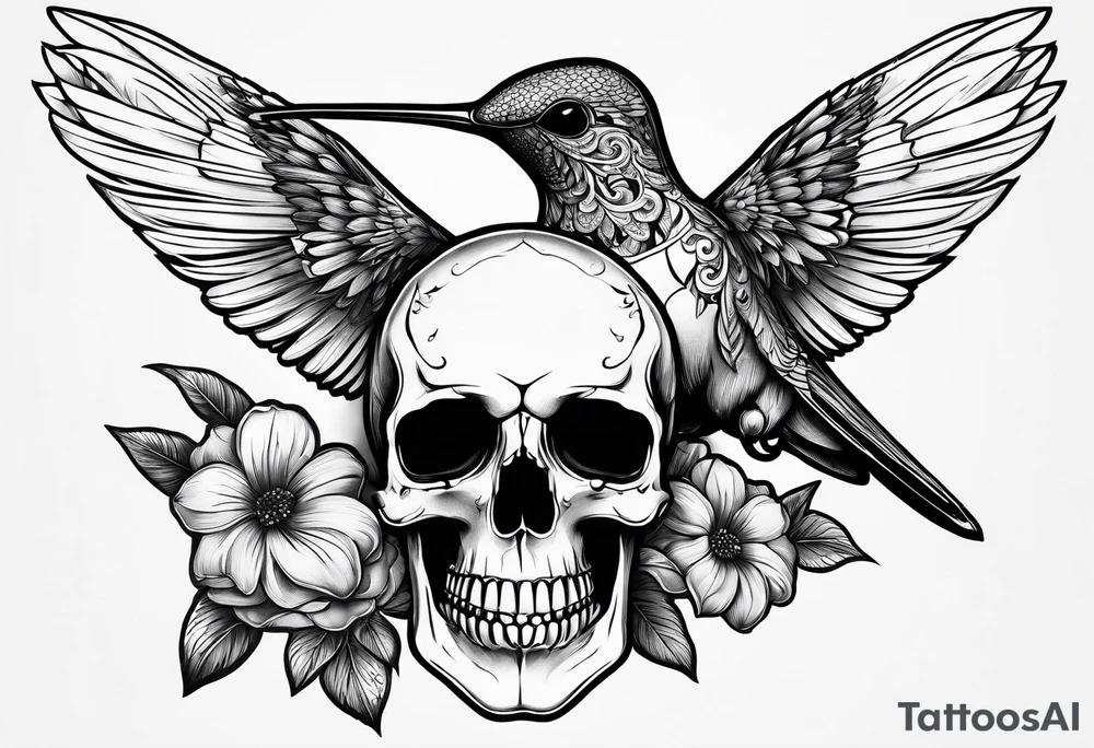 hummingbird, skull, flower, storm clouds tattoo idea