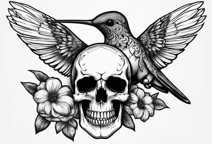 hummingbird, skull, flower, storm clouds tattoo idea